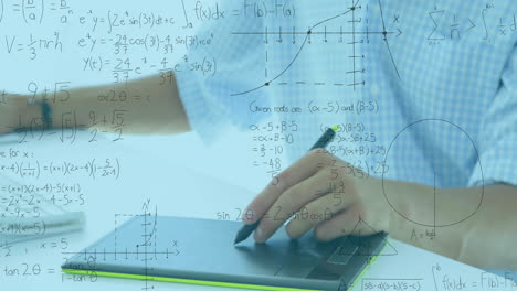 animation of mathematical equation and diagrams, caucasian man using computer and graphics tablet