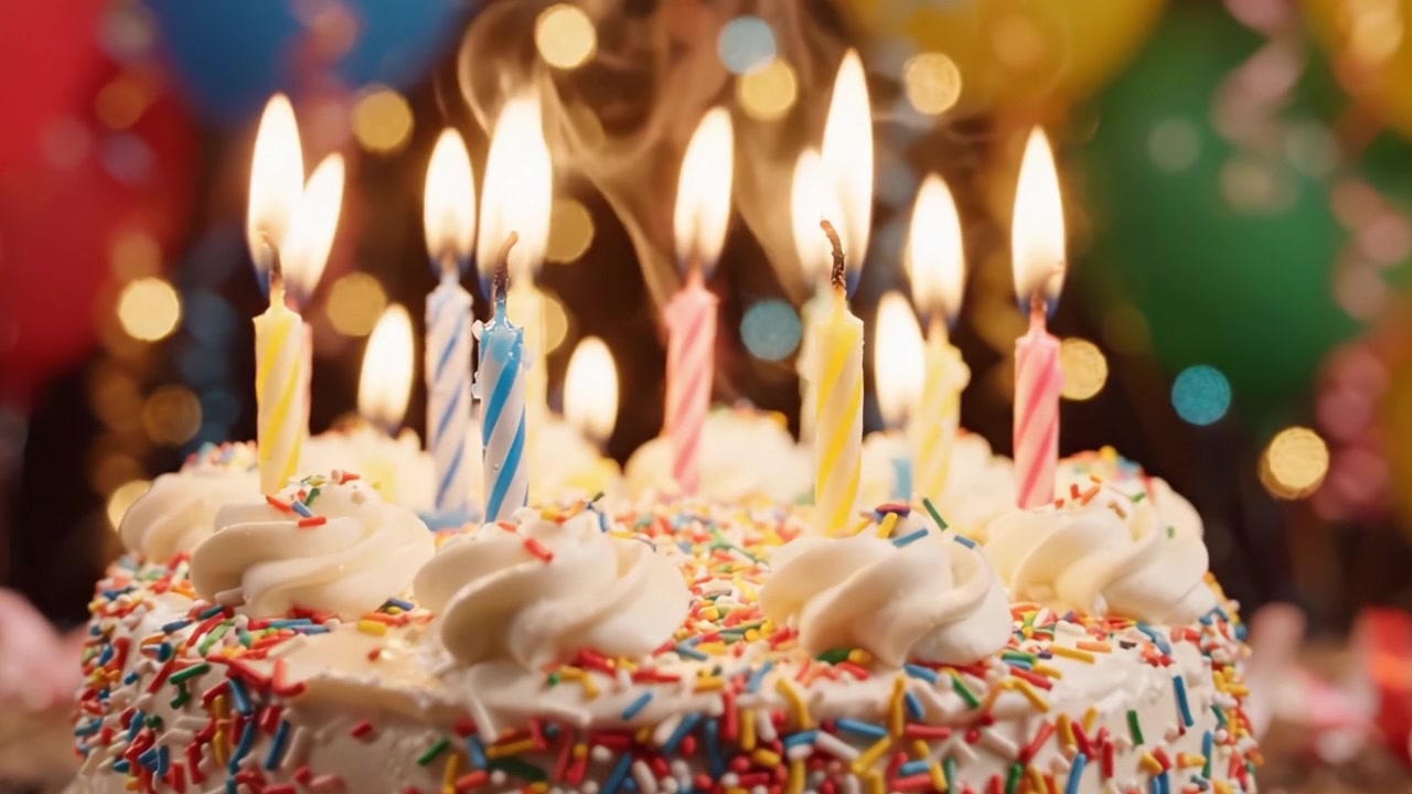 Una Celebrazione Festiva con una Torta di Compleanno Colorata Circondata da Candele, Palloncini e Decorazioni Scintillanti, Pronta a Celebrare un'Occasione Speciale