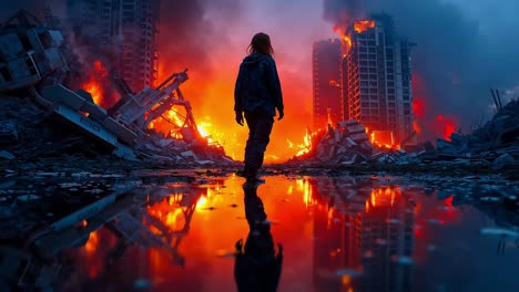 a person walking through a city with a reflection in the water