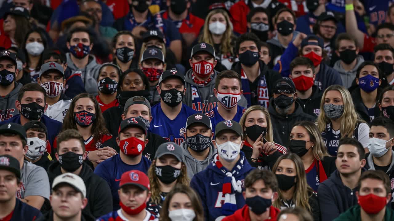 A Dynamic Crowd of Enthusiastic Fans Wearing Masks and Team Colors, Capturing the Essence of Community Spirit and Passion for the Game in an Indoor Venue