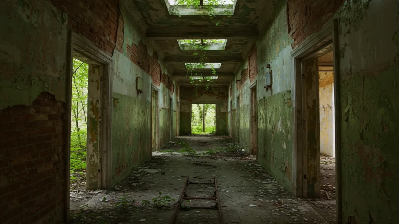 A Hauntingly Beautiful Abandoned Corridor Overgrown with Nature's Touch, Capturing the Decay of Time and the Resilience of Life in a Forgotten Space