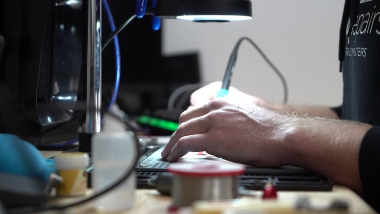 Man fixing up laptop micro soldering under microscope