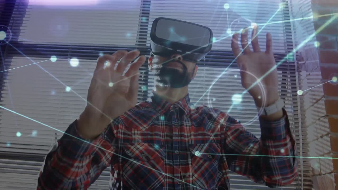 animación de la red de conexiones sobre el hombre que usa auriculares vr