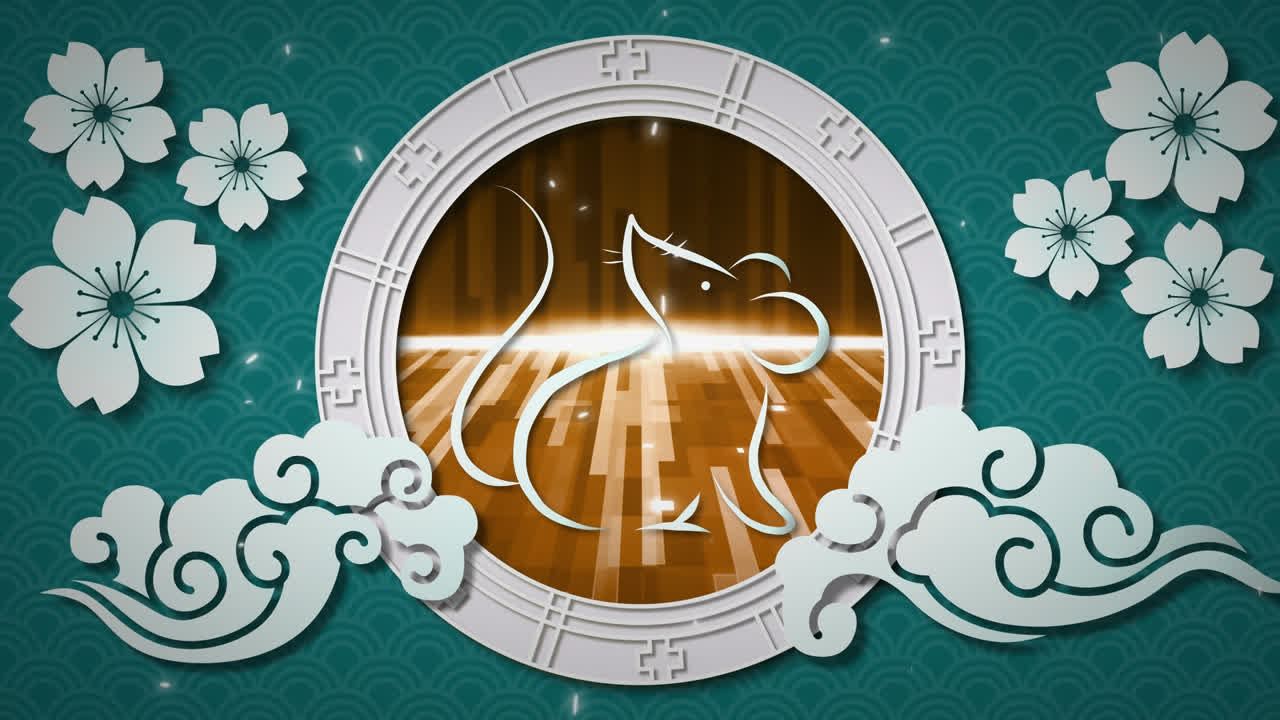 파란색 배경 위에 금색 중국  기호의 애니메이션