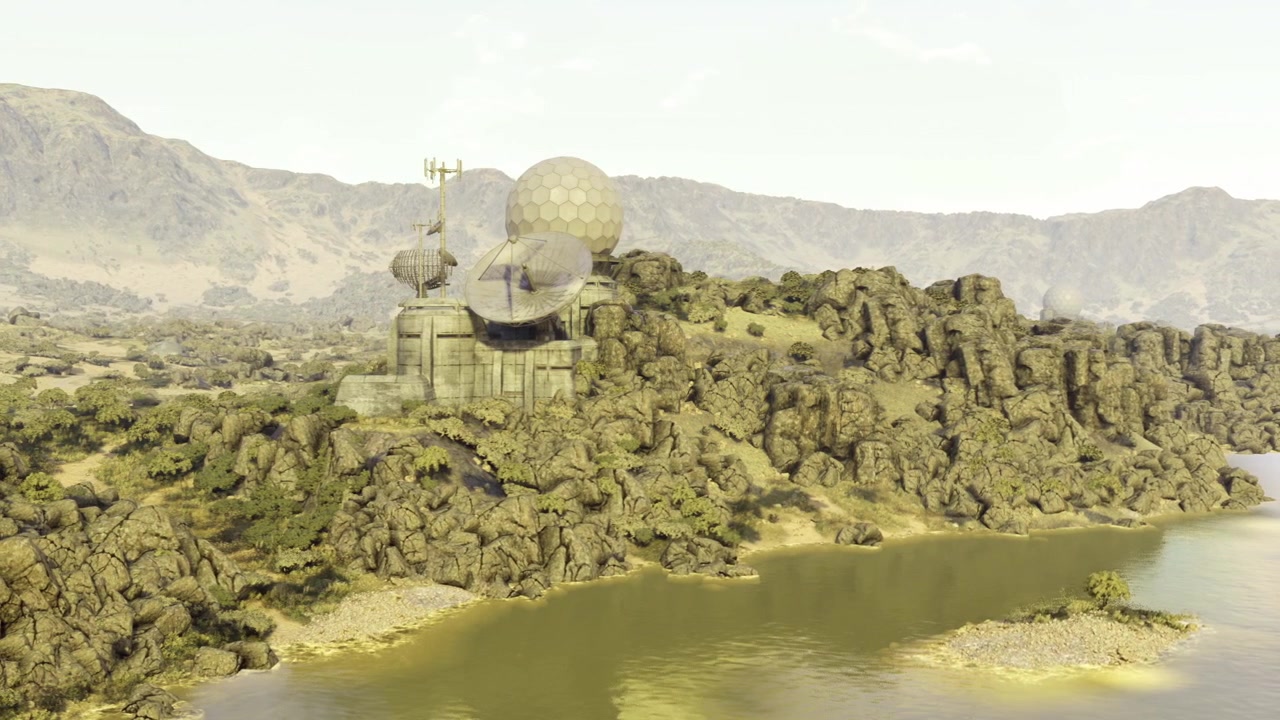 Mysterious structure rests atop rocky hills by the serene lake shore