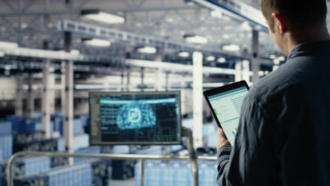 server room it expert swiping on tablet touchscreen to read data charts
