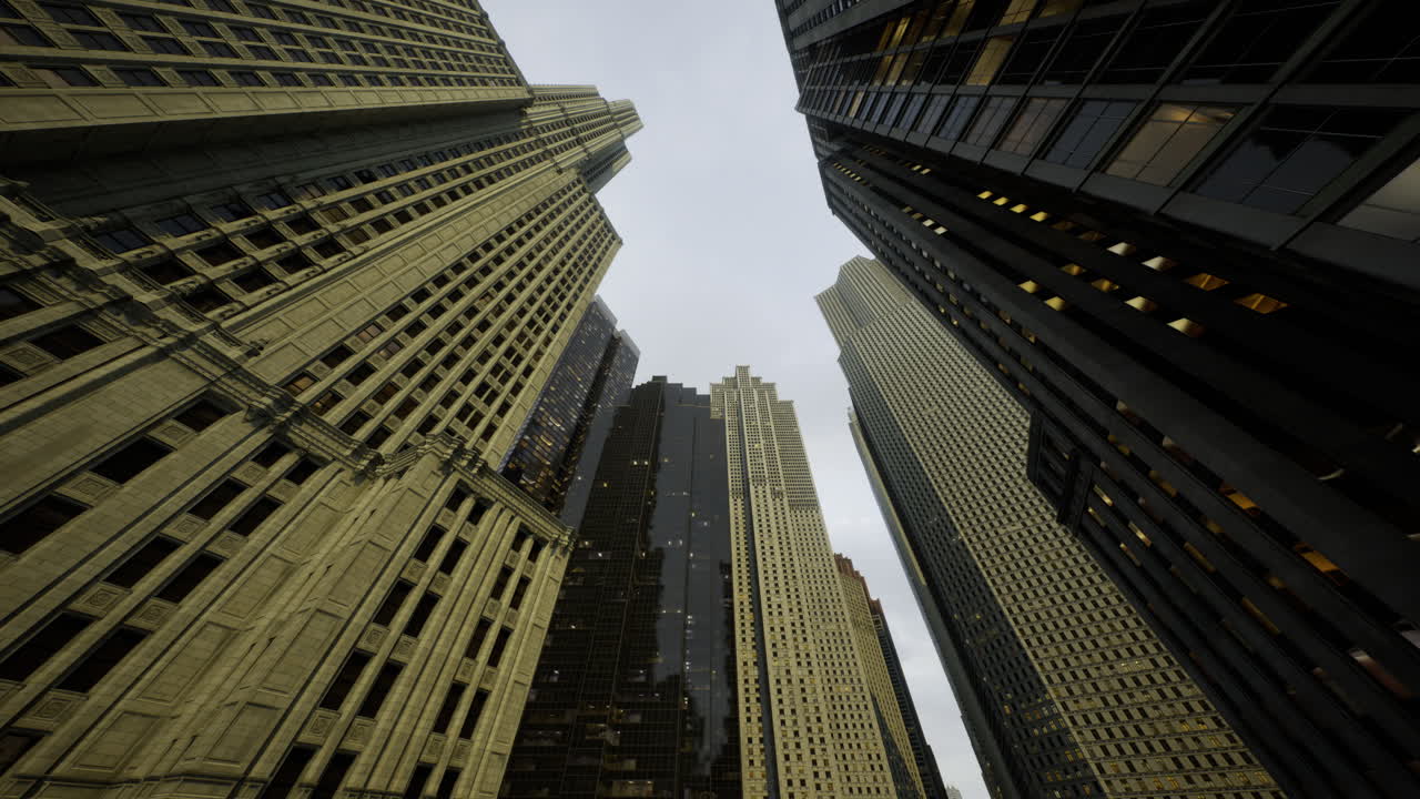 Modern skyscrapers loom over a city street on a cloudy day