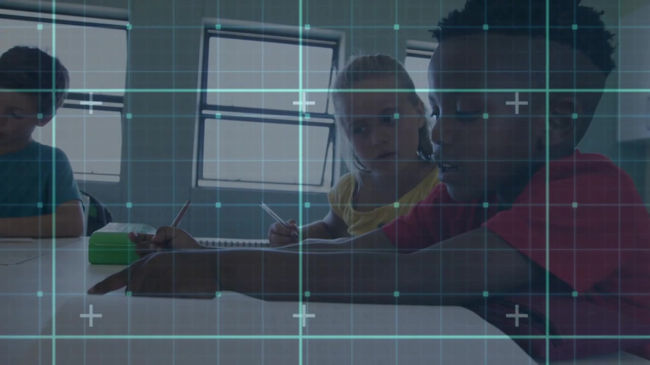 Students in class, boy in red pointing pencil at notebook causing arrow animation highlighting work