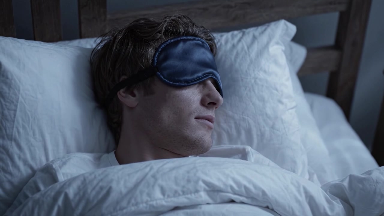 Un momento tranquillo di sonno riposante: un uomo sereno con una maschera per dormire si gode una notte calma circondato da morbidi cuscini e biancheria da letto accogliente in un ambiente pacifico.