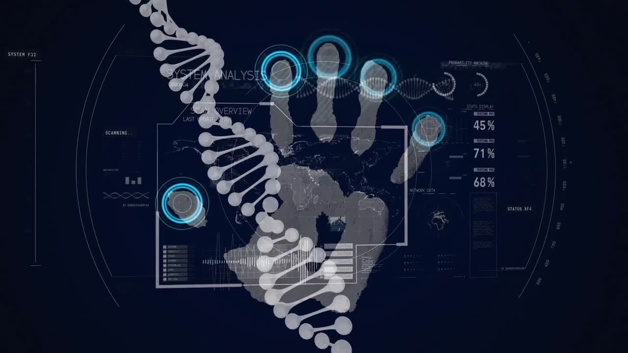 데이터 처리 및 생체 측정 손자국 위에 dna 가닥을 회전시키는 애니메이션