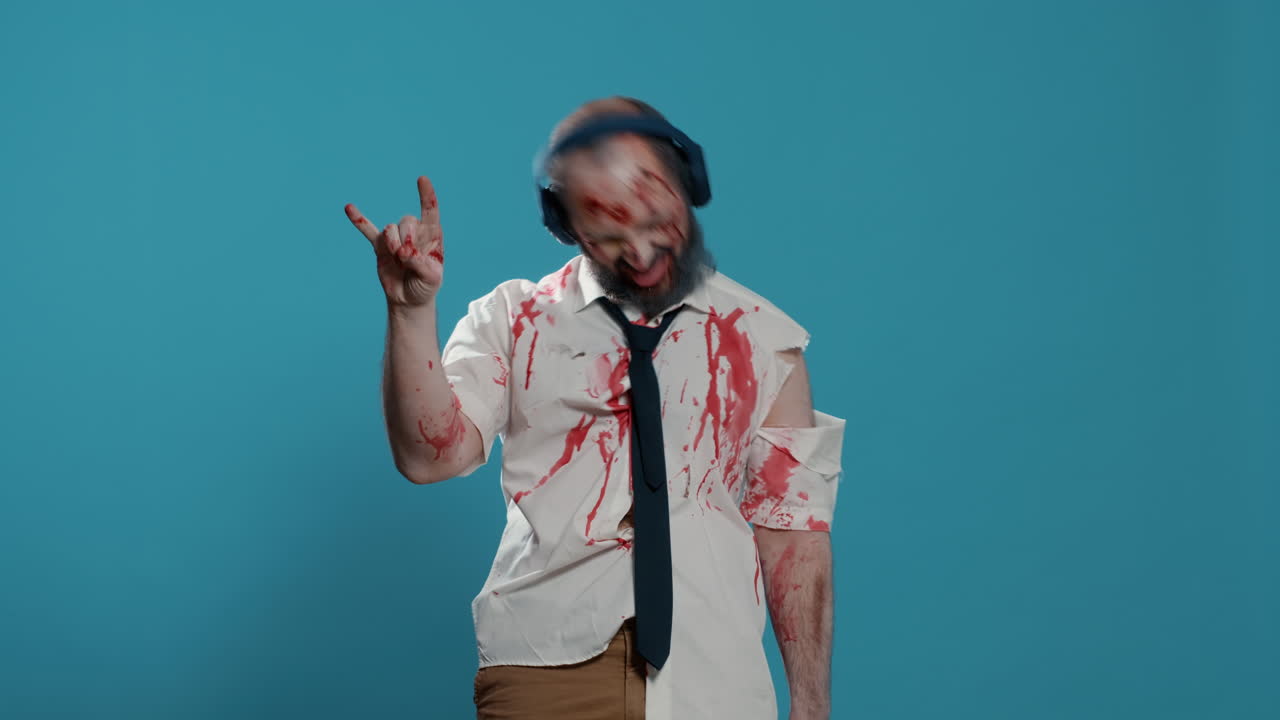Zombie spaventoso e disordinato con cuffie wireless elettroniche mentre ascolta musica su sfondo blu