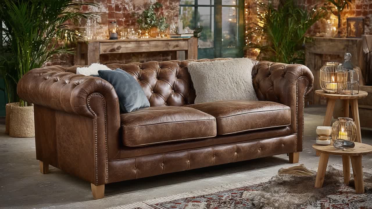 Elegant Leather Sofa in an Inviting Interior Setting: A Cozy and Stylish Addition to Any Living Room with Warm Lighting and Rustic Decor