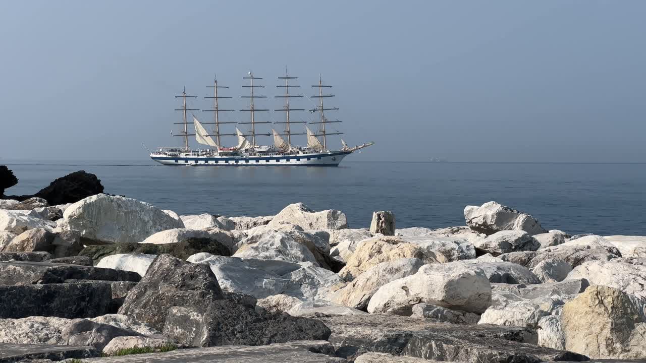 Fully rigged all Ship slowly sailing in the Mediterranean Sea