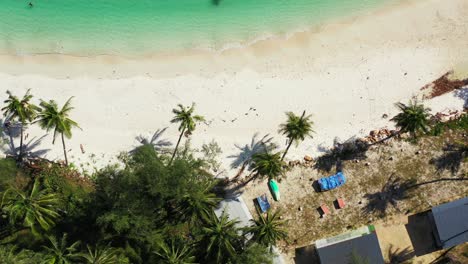 fishing boats in the turquoise calm lagoon, white sand beach with tall palms leaning over the coast