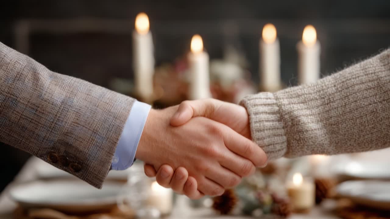 A Warm Handshake: Symbolizing Connection and Agreement in a Cozy, Candlelit Setting with Soft Glow and Elegant Table Décor
