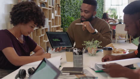 Gente-De-Negocios-Afroamericana-Reuniéndose-Con-Un-Equipo-De-Diseño-Gráfico-Creativo-Intercambiando-Ideas-De-Marketing-Líder-De-Equipo-De-Negocios-Usando-Tecnología-De-Tableta-En-La-Sala-De-Juntas-De-La-Oficina-Estrategia-Para-Compartir