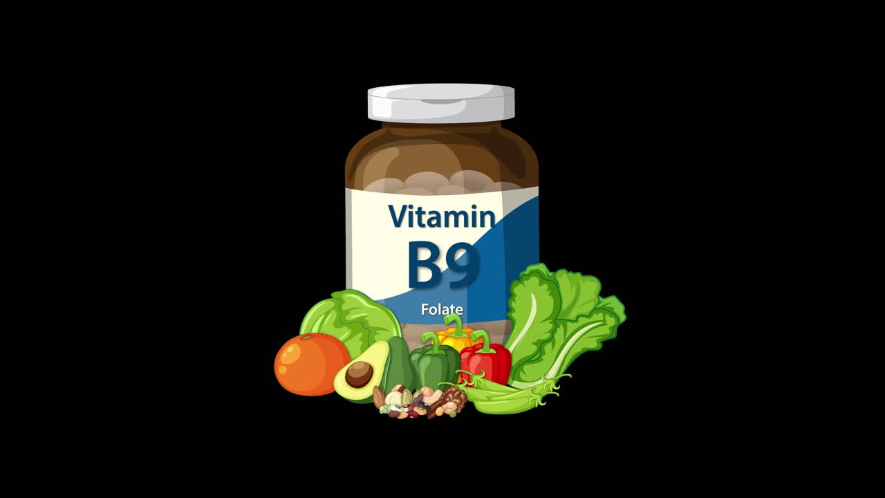 Vitamin B9 supplement bottle animates with healthy foods appearing, clean black background, smooth transitions