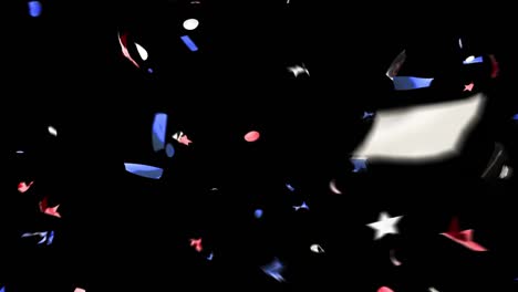 blue-red-white confetti of various shapes explodes and falls on a black and green background.