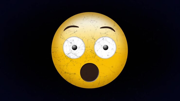 Animazione digitale di una rete di connessioni che fluttua su un'emoji con espressione sorpresa su sfondo nero.