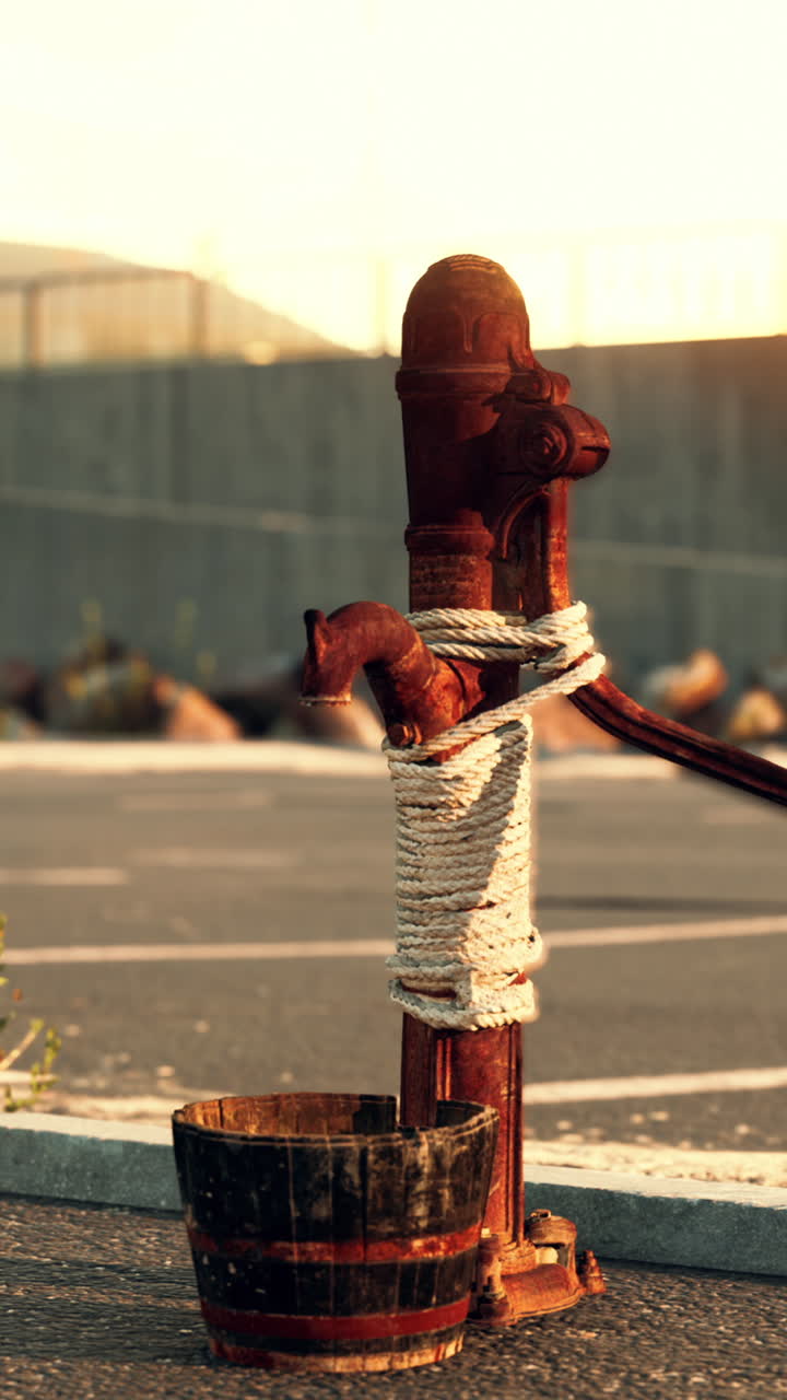 bomba de agua vieja y oxidada con cubo