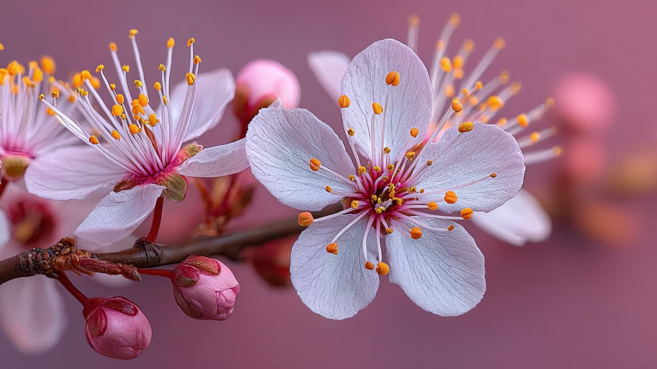 Fioritura accattivante: un primo piano di delicati fiori di ciliegio rosa che mostrano i loro petali mozzafiato e stami vivaci contro uno sfondo morbido e sfocato.