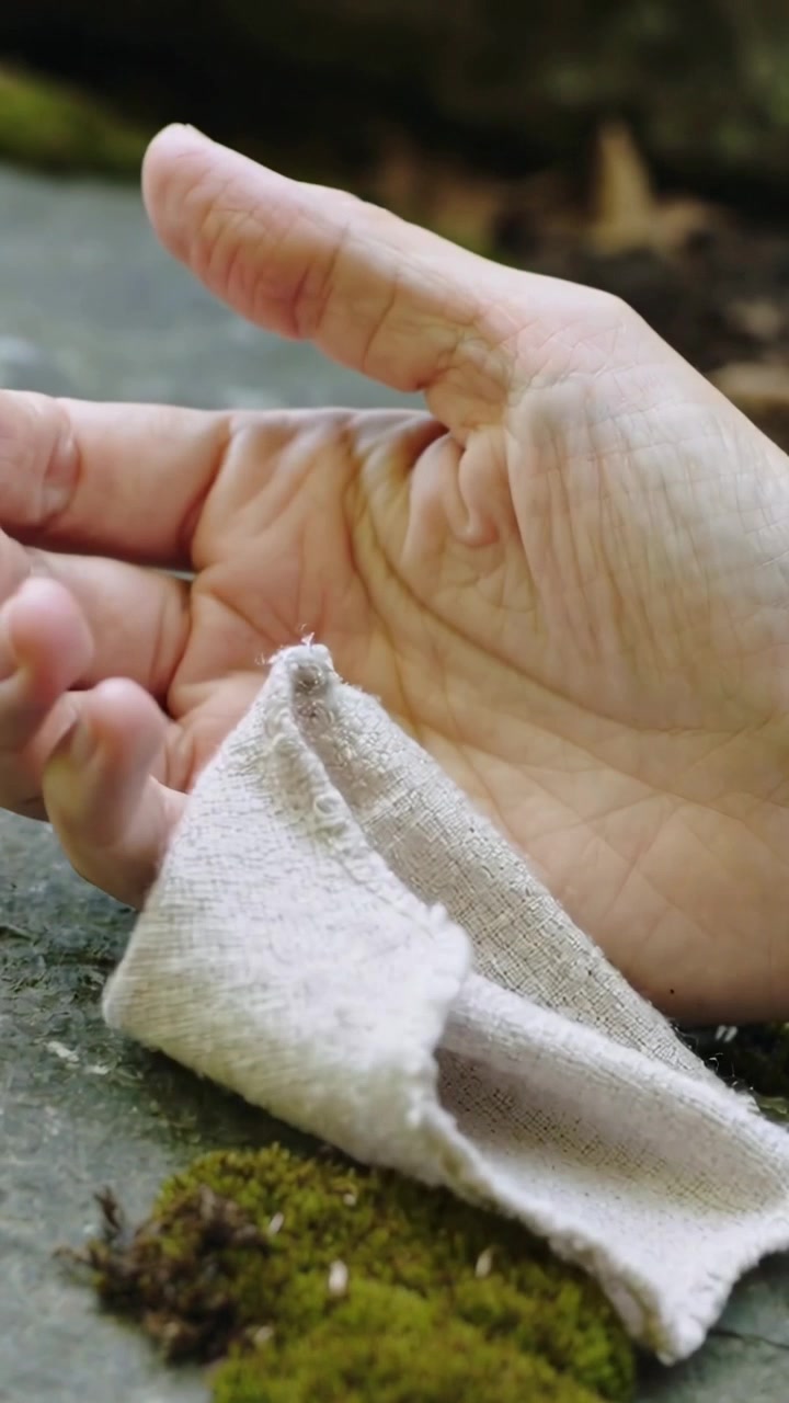 Video vertical: Mano adulta en reposo ajustando y alisando tela sobre una roca cubierta de musgo, aplanando la tela.