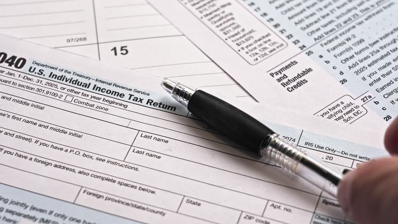 Contribuente che pensa ed esita prima di compilare il modulo fiscale federale sul reddito 1040 degli Stati Uniti. Concetto di contabilità finanziaria per l'anno 2025