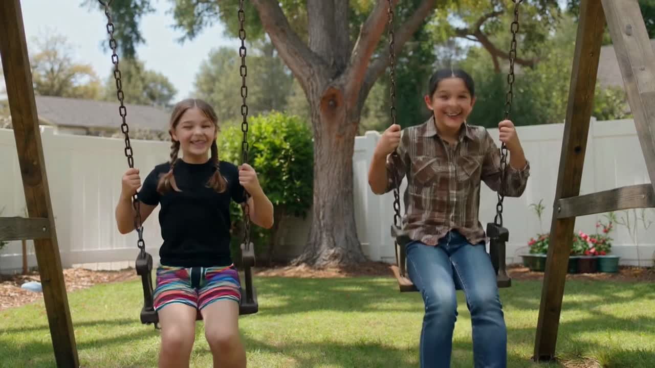Happy Girls Laughing Together on Swings in a Green Backyard