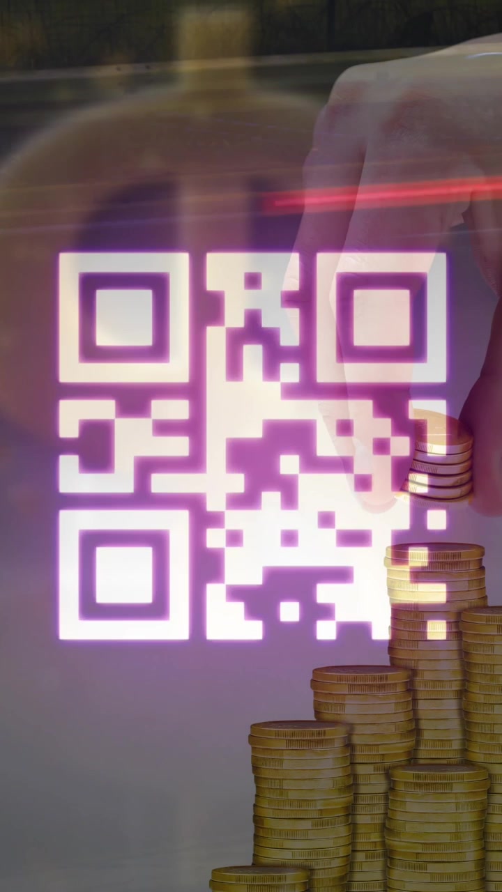 Animation of barcode and cropped hand of caucasian man placing coins on piles and dollar symbol