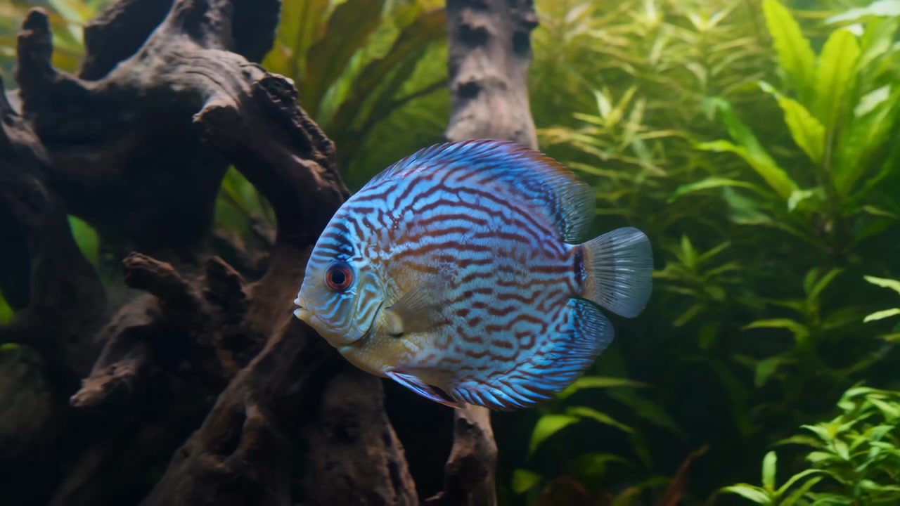 Nærbillede af en blå og rød stribet diskusfisk, der svæver ved siden af tekstureret drivtømmer inde i et tæt beplantet ferskvandsakvarium, med varmt diffust lys, blød bokeh og naturlig akvatisk tekstur