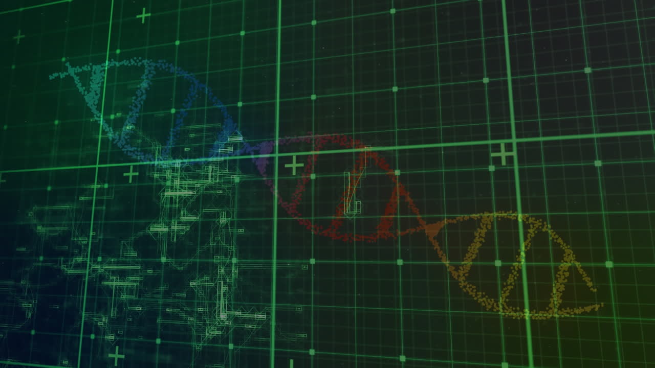 animación de la cuadrícula verde y la cadena de adn de colores que gira sobre los datos de procesamiento, en verde
