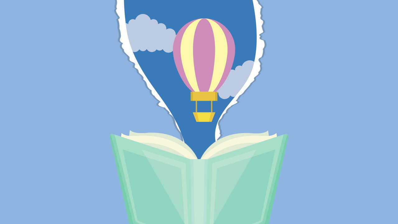 viaje en globo de aire caliente con animación de libros