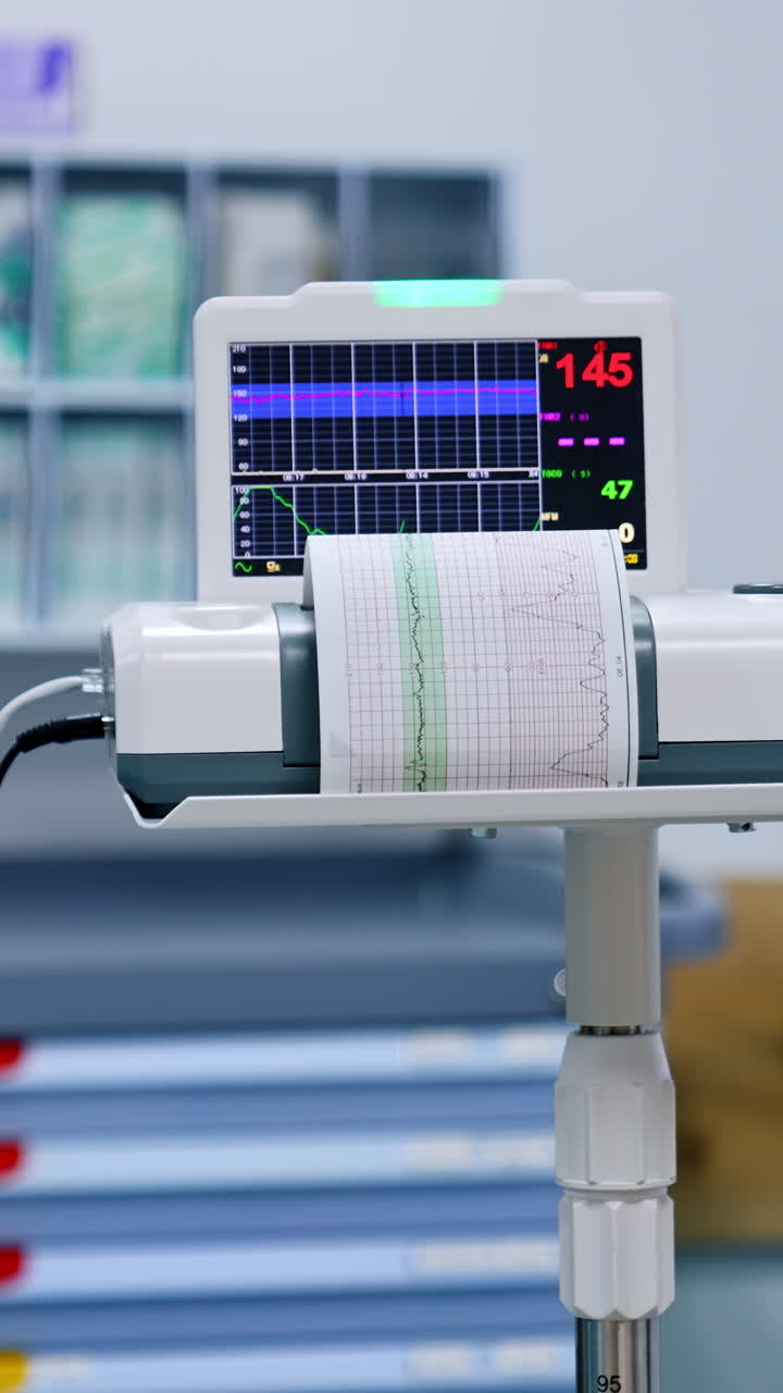 Little apparatus for checking heart. Advanced equipment working in the hospital ward. Vertical video