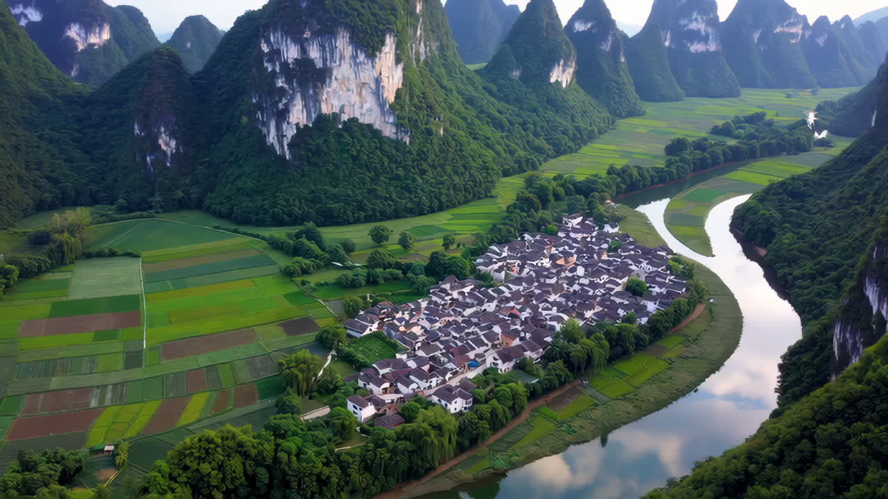 Aerial View of a Chinese Village nestled in a Valley