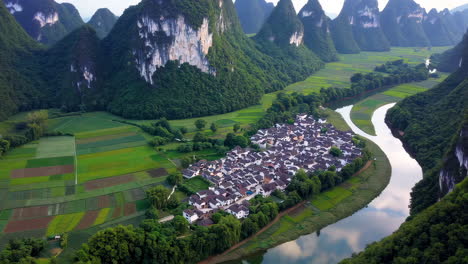 aerial view of a chinese village nestled in a valley