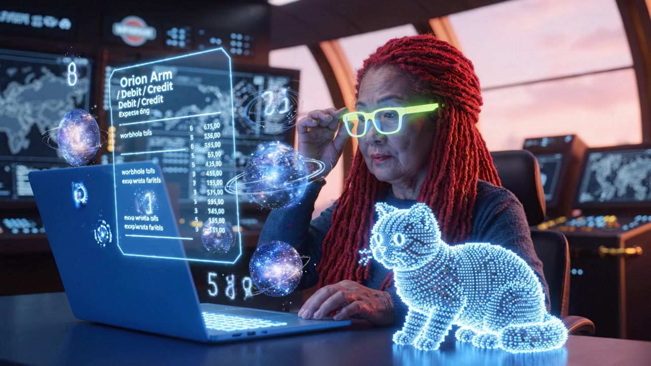 An elderly woman with vibrant red dreadlocks engaged in digital analysis, utilizing futuristic holographic interfaces while accompanied by a glowing 3D cat.
