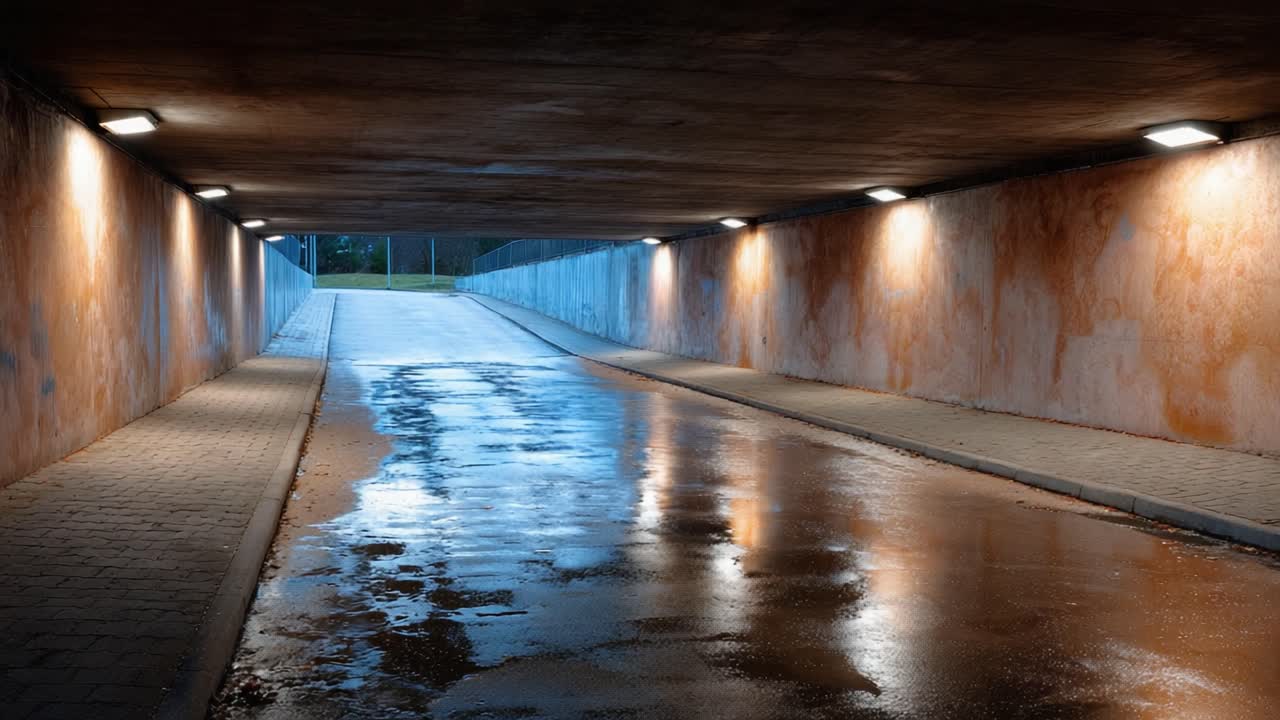 An Exploration of Atmospheric Urban Architecture in a Rain-Soaked Pedestrian Tunnel Captured from First to Last Frame of a Dynamic Visual Journey