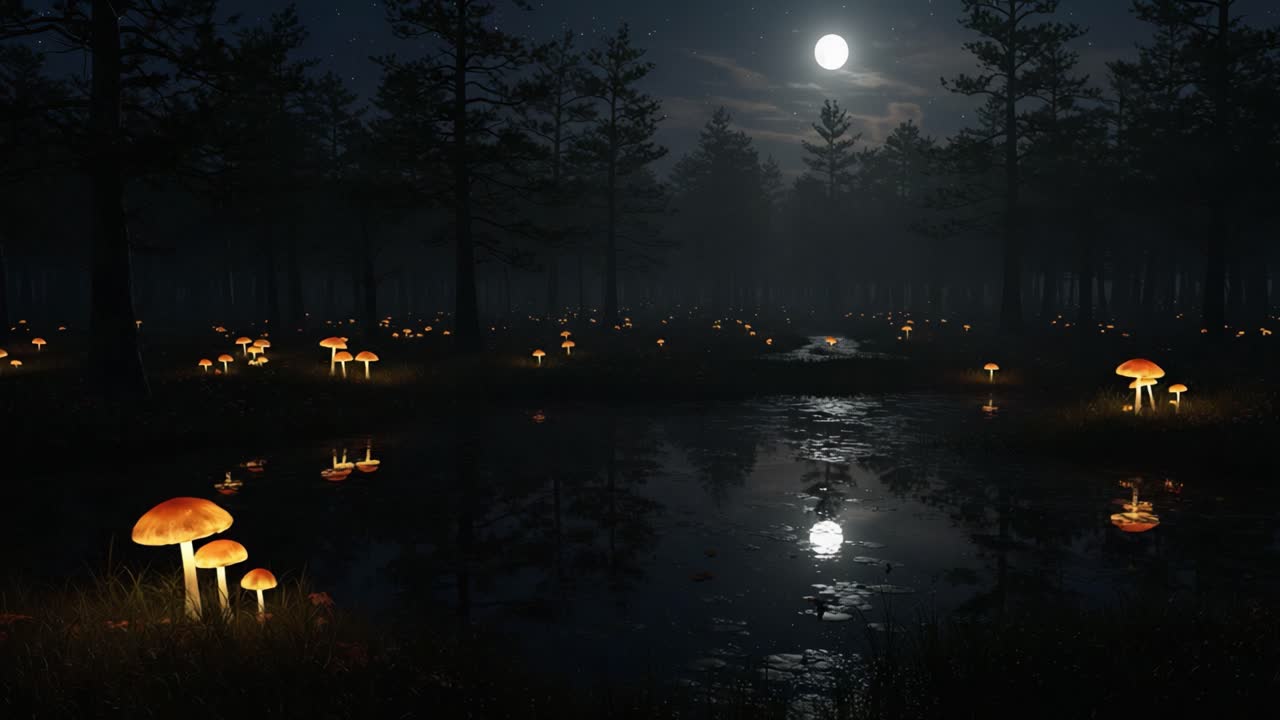 Floresta Encantada ao Luar: Uma Cena Noturna Serena com Cogumelos Luminosos Refletindo em Águas Tranquilas Sob as Estrelas.