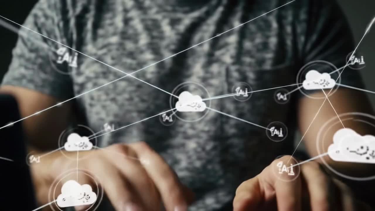 Man Using a Laptop with a Hologram of a Cloud Computing Network