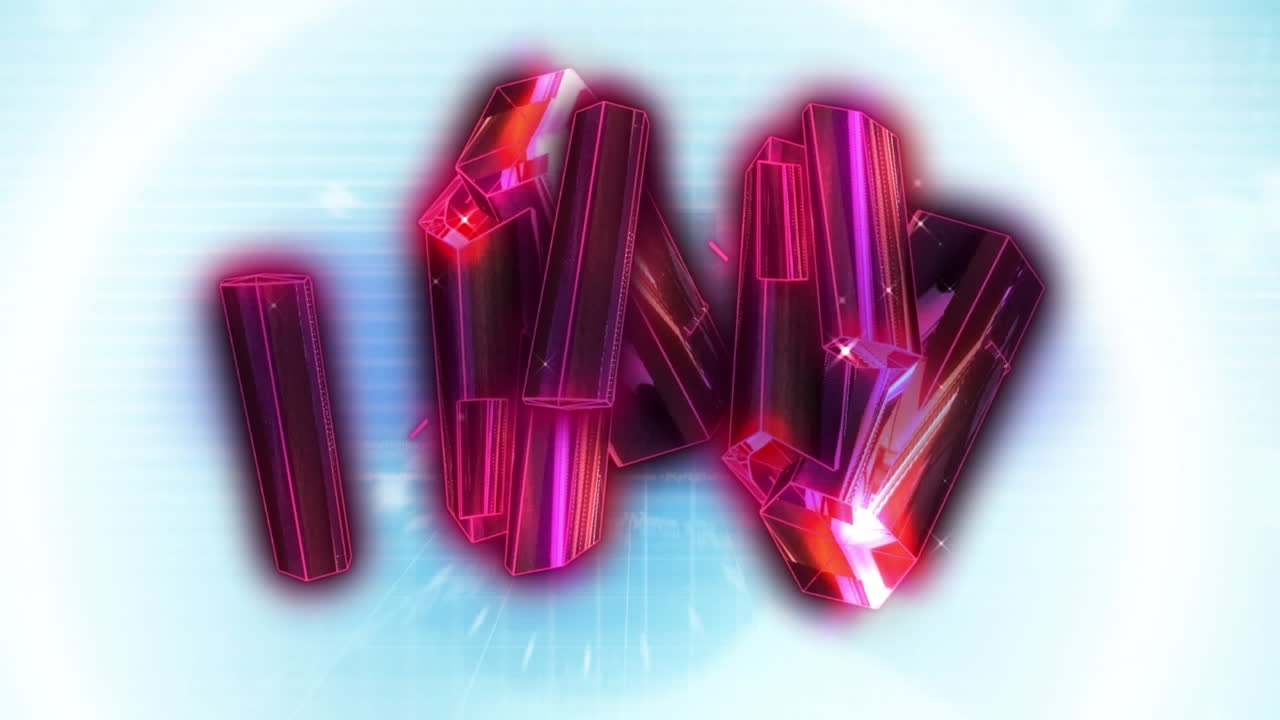 검은 바탕의 데이터 처리에 대항하여 분홍색으로 빛나는 크리스탈 모양의 디지털 애니메이션