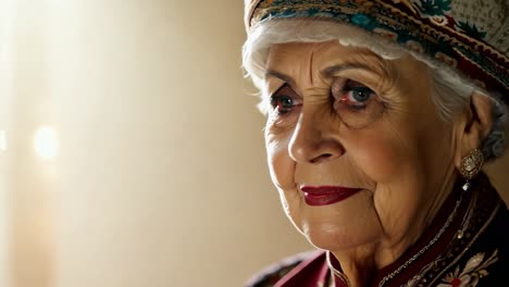 a portrait of a beautiful elderly woman with white hair wearing a turban and jewelry