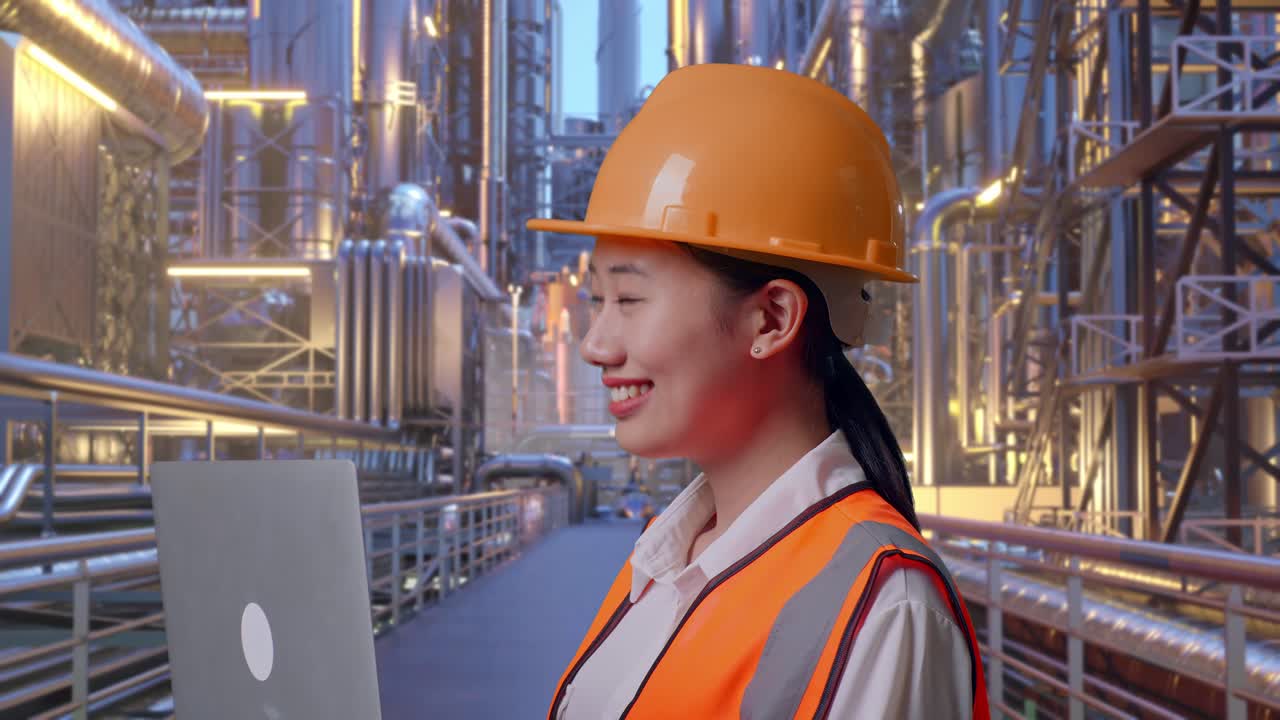 Close Up Side View Of Asian Female Engineer With Safety Helmet Working On A Laptop And Looking Around While Standing At A Vast Oil Refinery