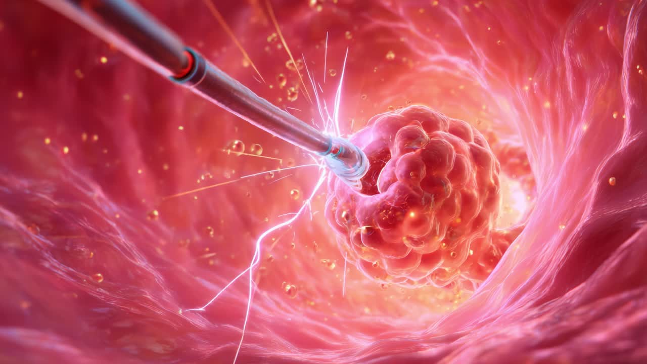 High-tech Medical Intervention: A Close-Up on a Precision Device Targeting Cancer Cells Within a Vibrant Cellular Environment Using Advanced Technology for Treatment