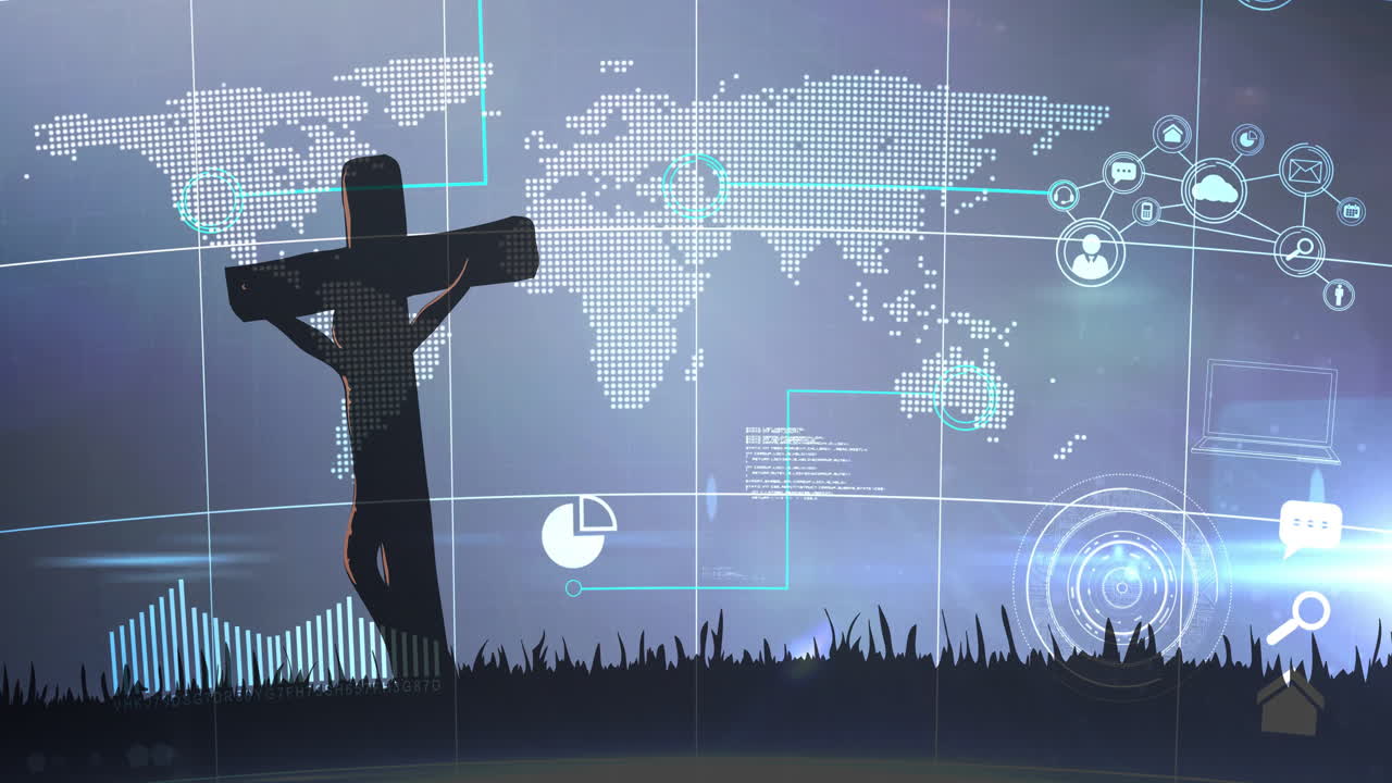 Digital world map with cross silhouette and data animation elements displayed