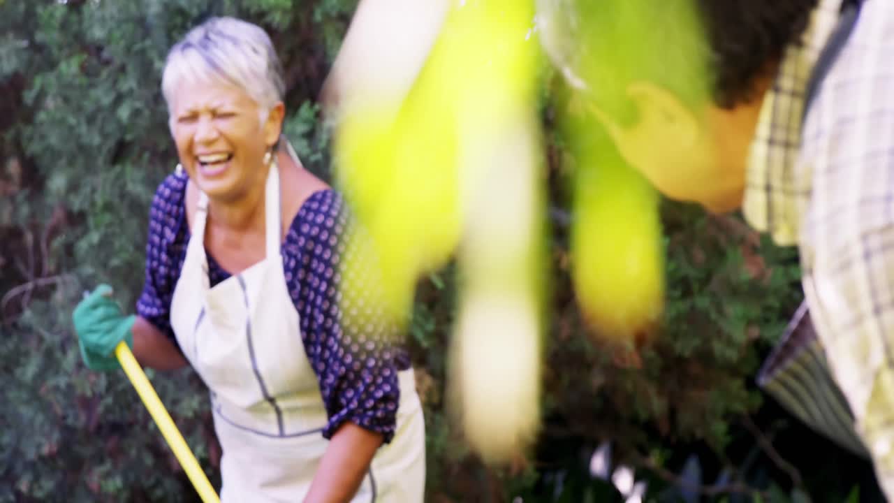 고위 부부가 정원에서 파고들고 있습니다.