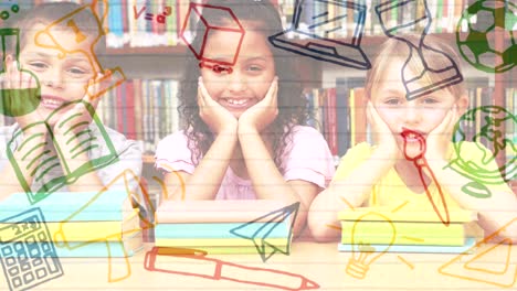 school concept icons against group of students with hands on their cheeks