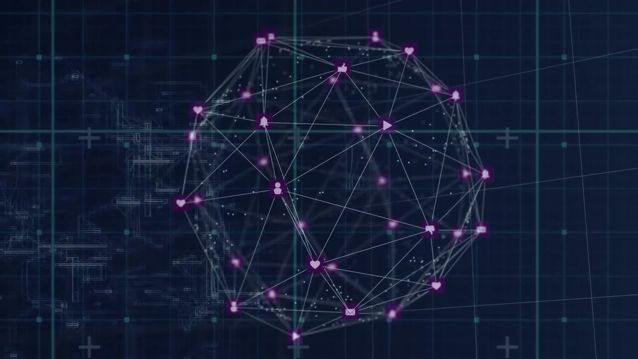 animación del procesamiento de datos, red de conexiones con iconos de globo y cuadrícula