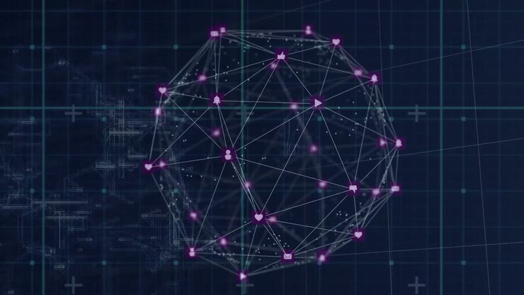Animation of data processing, network of connections with icons globe and grid