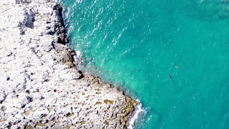 Toma-Aérea-Vertical-De-Arriba-Hacia-Abajo,-Gente-Nadando-En-Aguas-Costeras-Azules