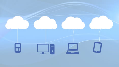 blue cloud moving with networks icons on white background